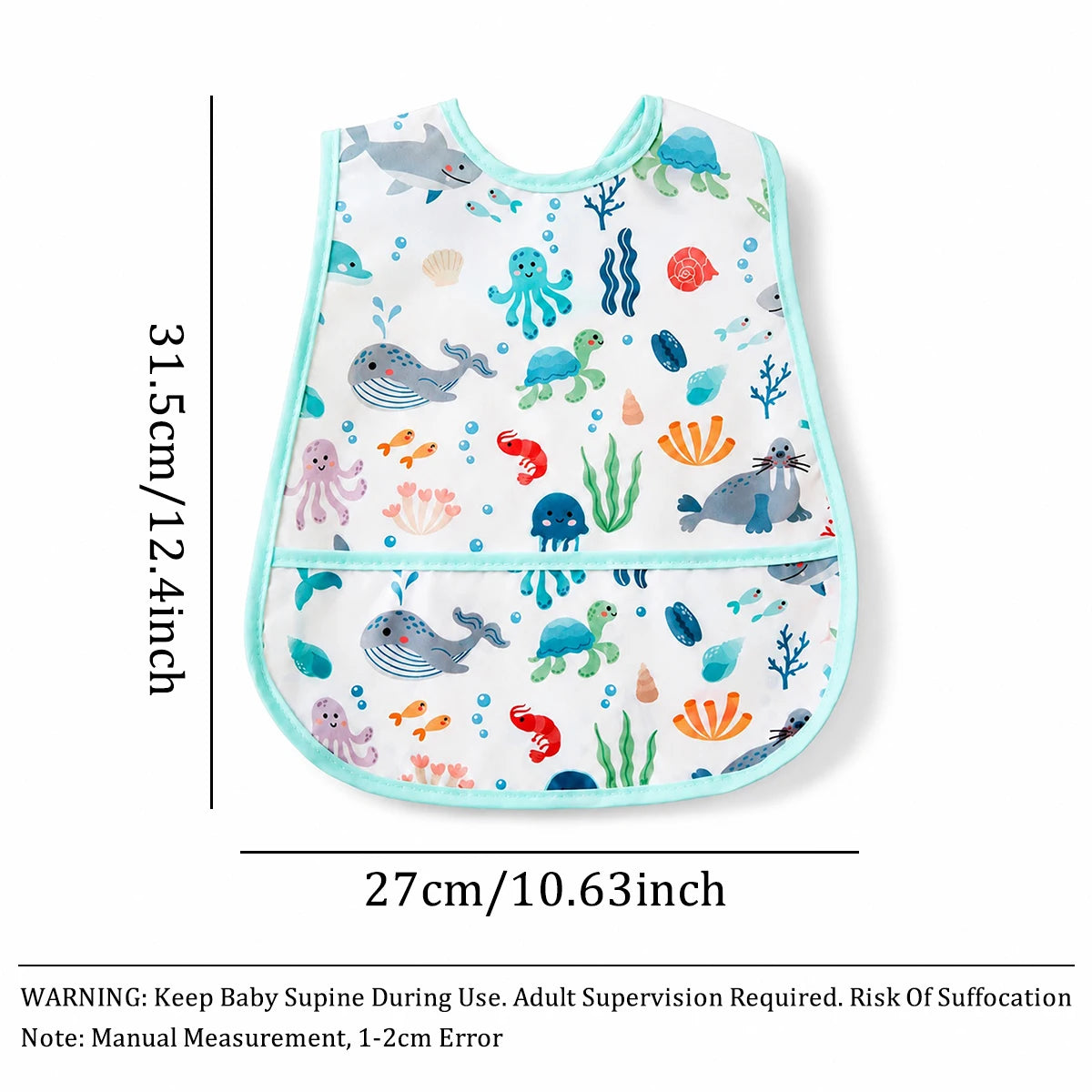 A baby meal cover with no cuffs and a cartoon print design in multiple colors, suitable for wearing while eating